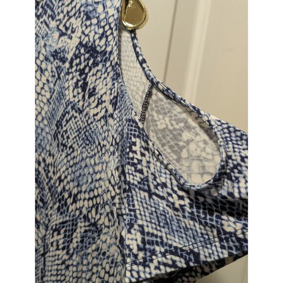 Calvin Klein Black Blue Animal Print Dress Cut Out Sleeves Spring Summer Sz. L - Picture 5 of 9